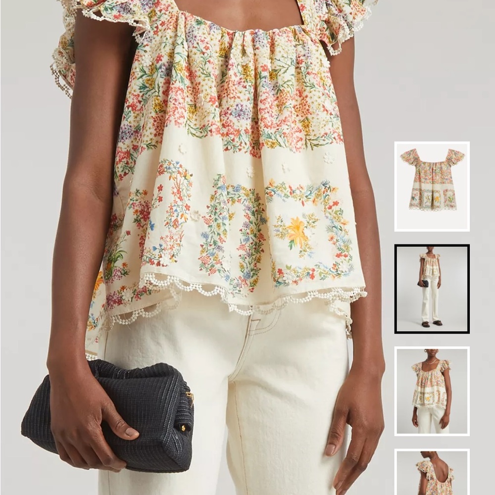 FARM Rio Cream Floral Ruffled Square-Neck Blouse